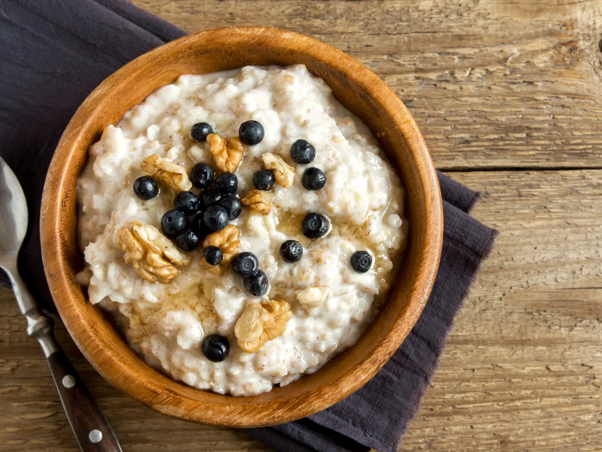 A bowl of oatmeal on a table