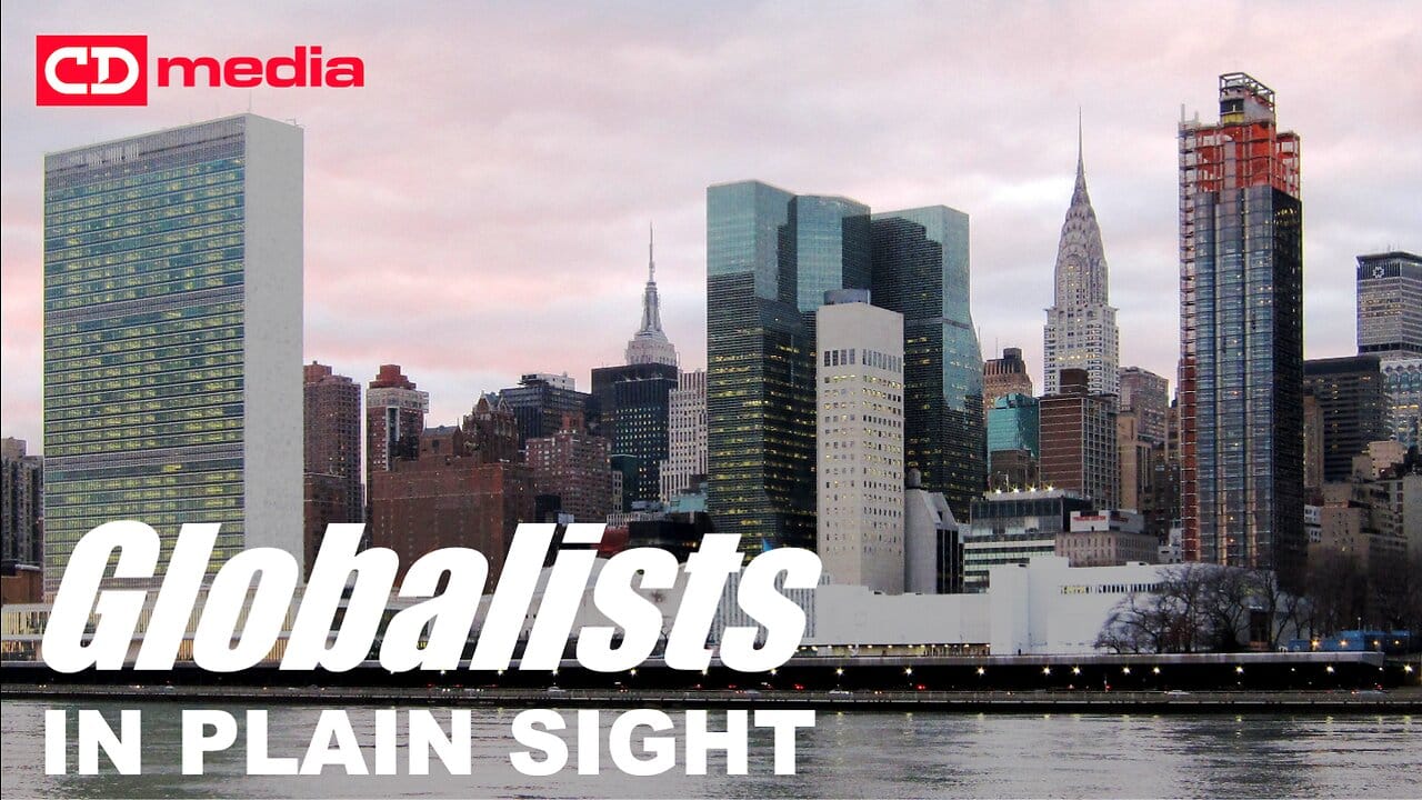 NYC background photo with text, ""Globalists in Plain Sight"