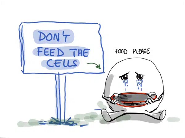 An illustration of a cell with a sign that says 'don't feed the cells'