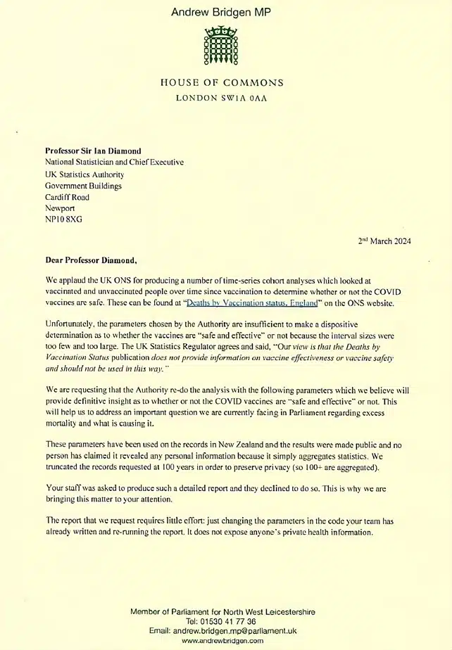 Andrew Bridgen's letter to the UK ONS